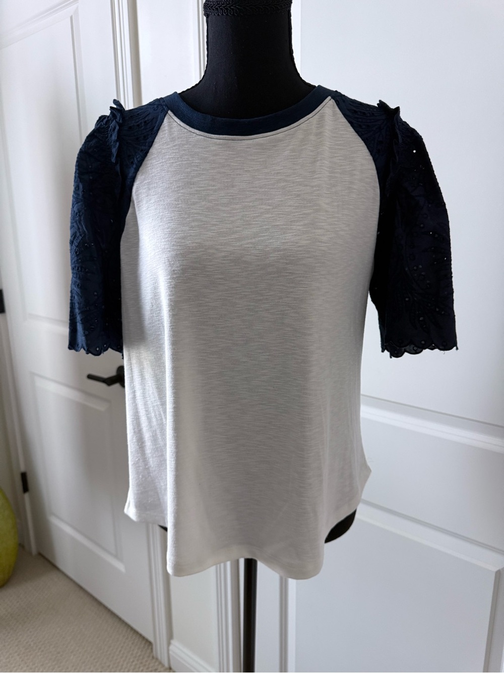 Democracy White Tee with Navy Lace Short Sleeves